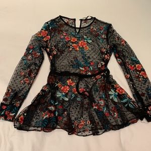 Zara Sheer Embroidered Peplum Blouse